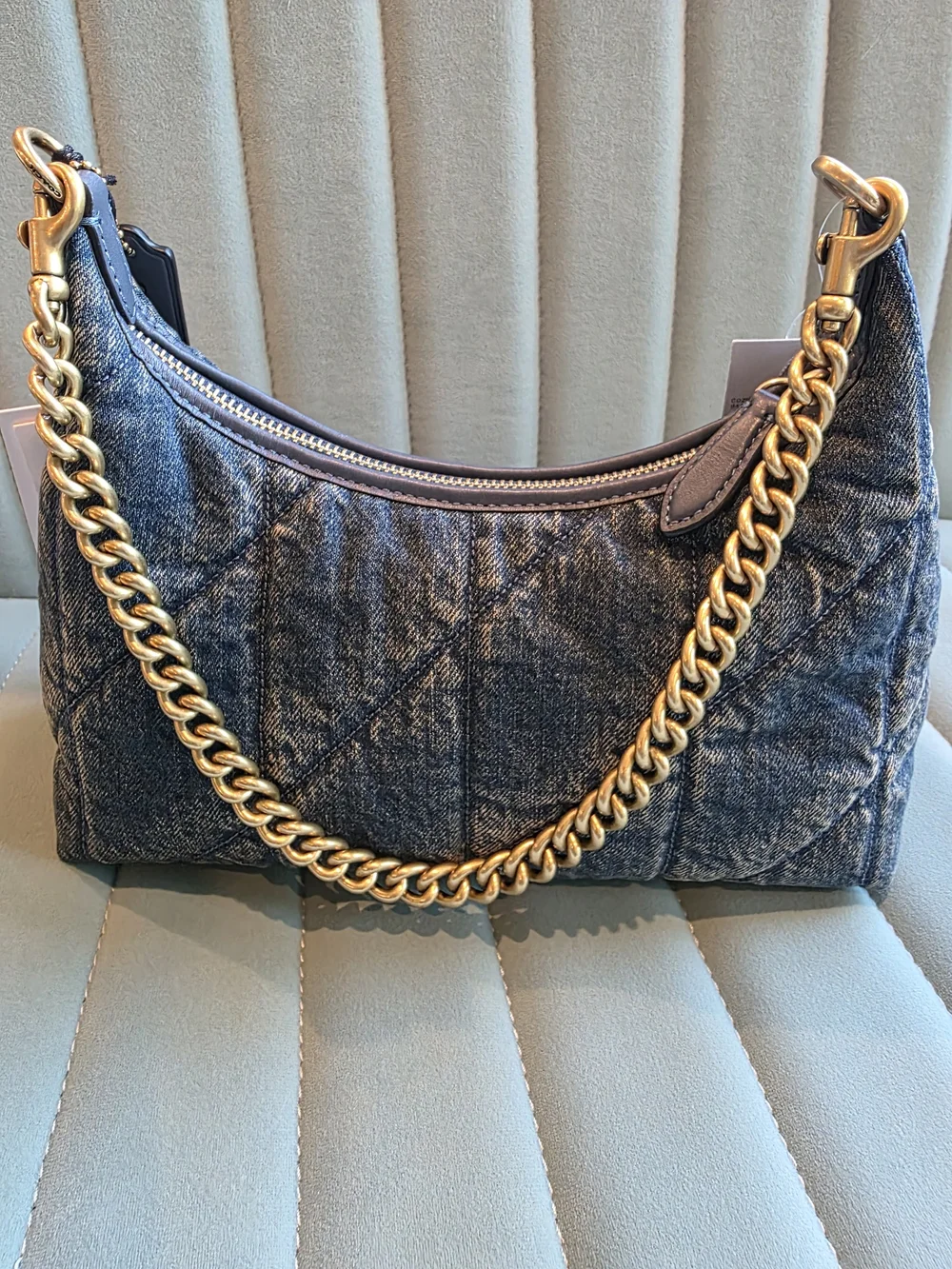 Coach Quilted Denim Shoulder Juliet 25 Bag in Washed Blue with Gold Hardware